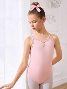 SHEIN 女童粉色对比色蕾丝交叉后背紧身连体衣芭蕾舞服和配套蕾丝裙芭蕾套装，四向弹力高弹力