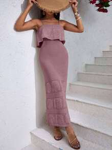 EURMUSE Vacation Casual Solid Color Hollow Out Knit Slip Dress - Dusty Pink - View 3