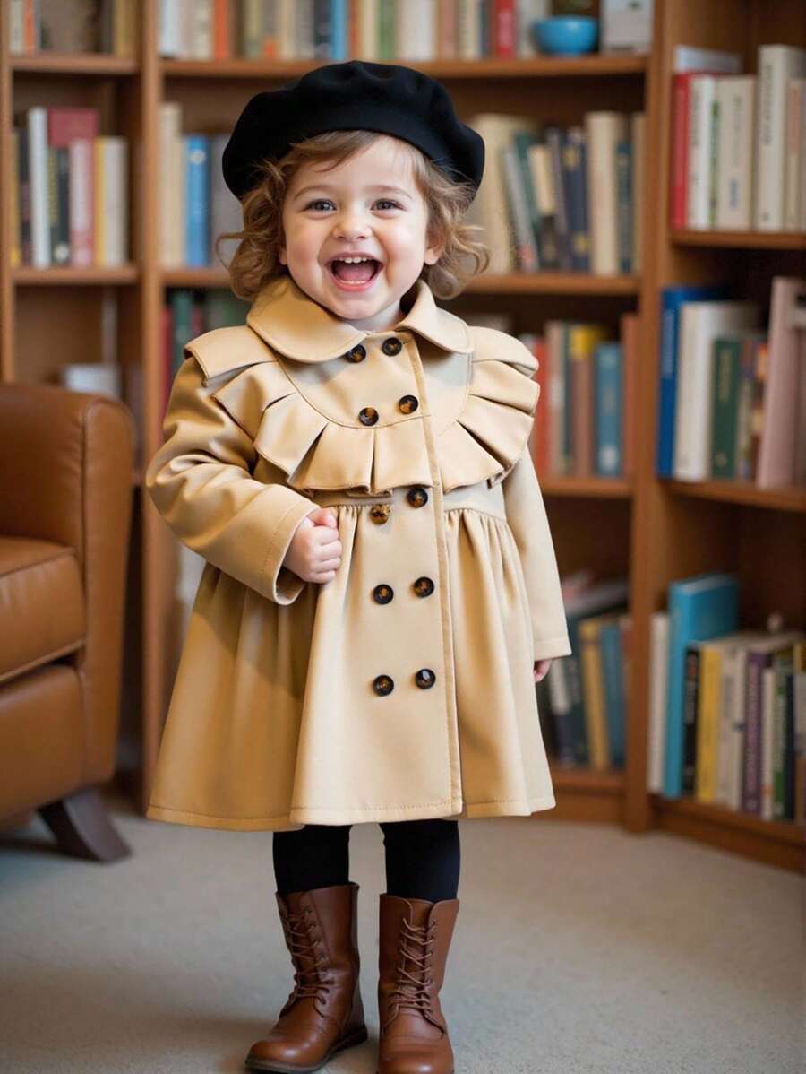 SHEIN Baby Girl Fashion Casual Versatile Ruffled Lapel Windbreaker Jacket Suitable For Autumn And Winter Daily Wear