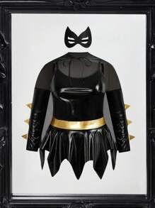 Fantasy Costume 4 pezzi Costumi da supereroe con orlo asimmetrico, include mantello e pelle sintetica, per ballo in maschera, bar, festa, club, costume sexy taglie forti