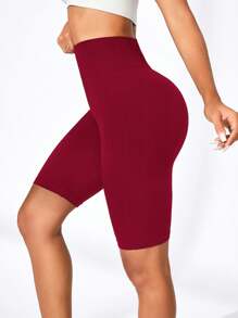 Easithlete 简约纯色高腰无缝运动短裤机车短裤女式收腹酒红色机车短裤高腰机车短裤收腹瑜伽短裤女式高腰运动短裤 - 酒紅色 - 查看 4