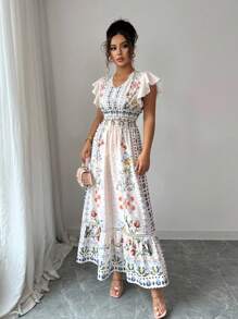 Rafferiza Damen elegantes, lässiges Kleid mit platziertem Muster, Flügelärmel und geraffter Taille - Aprikosenfarben - Übersicht 6