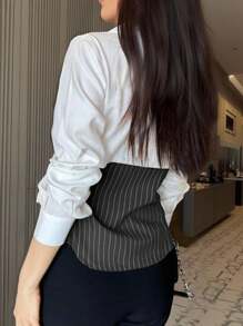 SHEIN Privé 女士条纹长袖休闲通勤衬衫 - 灰色 - 查看 2