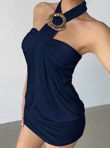 Aloruh Women's Y2K Cutting-Edge Sexy Bodycon Halter Metallic Button Decor Backless Mini Clubbing Dress - Navy Blue - View 7