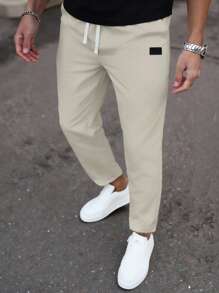 Manfinity Homme Quần ống đứng ôm eo có dây rút cho nam với chi tiết nhỏ - Màu be - Xem 3