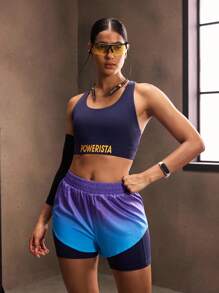 Powerista Ensemble de sport pour femmes avec imprimé lettres, couleurs contrastées et dos croisé pour l'été. Tenue de sport pour femmes. - Bleu azur - Voir 1