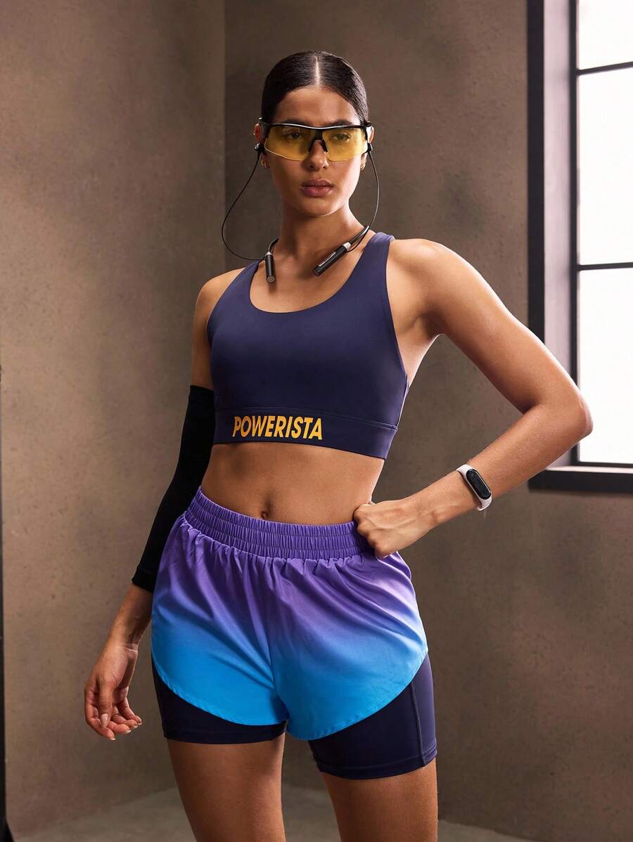 Powerista Ensemble de sport pour femmes avec imprimé lettres, couleurs contrastées et dos croisé pour l'été. Tenue de sport pour femmes. - Bleu azur - Voir 1