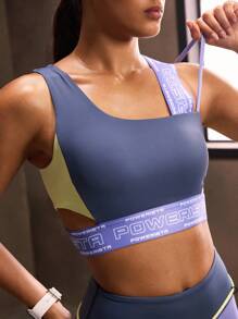 Powerista Women's Summer Gym Sportswear Letter Print Purple Blue Yellow Patchwork Asymmetrical Workout And Sports Bra - Blue - View 7