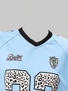 SHEIN Explorewe 青少年女孩蓝色运动休闲时尚街头字母印花图案 T 恤，时尚运动短袖 T 恤，夏季 - 彩色 - 查看 3