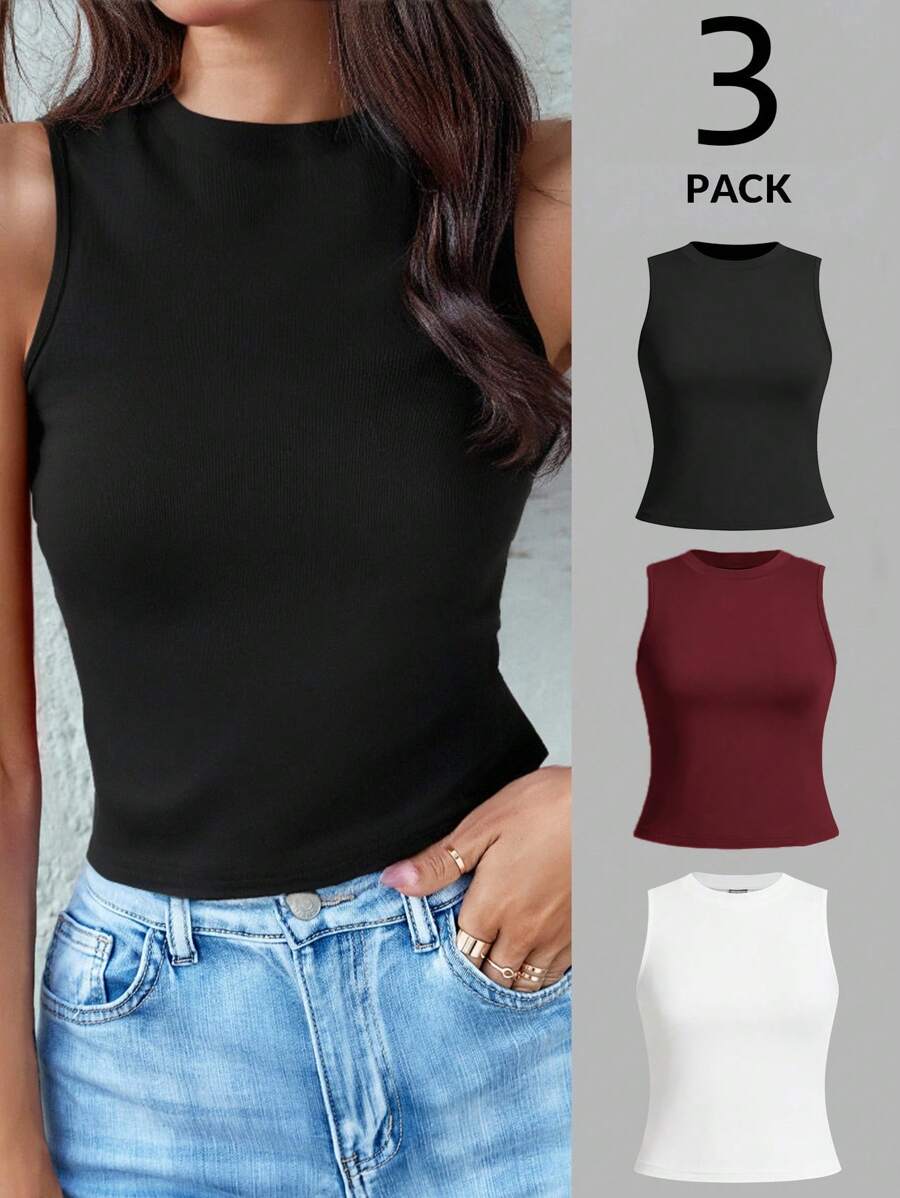 SHEIN LUNE 3件装休闲纯色百搭女式圆领修身背心，黑白配色，适合夏季返校季，休闲百搭 - 彩色 - 查看 1