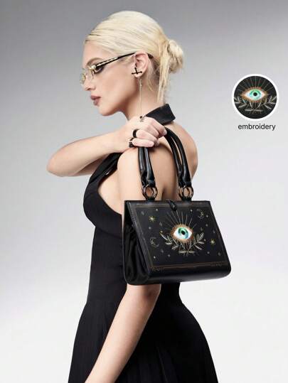 Goth Women's Fashion Eye & Book Embroidery Handbag