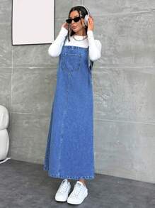 EURMUSE Women's Casual Loose Pocket Design Denim Overall Dress - Dusty Blue - View 6