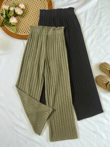 SHEIN Vintaside Kids Chica preadolescente 2 piezas Pantalones de pierna ancha de cintura con volante tejido de canalé - Multicolor - Ver 7