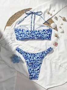 Swim Mod 女款夏季新款時尚海灘泳衣，復古碎花無肩帶前綁式荷葉邊泳褲泳衣套裝 - 彩色 - 查看 2