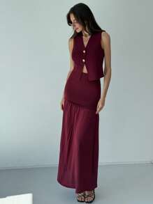 Aloruh 婚礼宾客礼服女式优雅简约时尚通勤无袖 V 领针织背心和高腰荷叶边下摆 A 字型中长连衣裙套装，秋冬季端庄 - 咖啡棕 - 查看 4