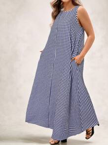 SHEIN LUNE Vestido largo de verano casual y holgado con bolsillos para mujer talla grande a cuadros