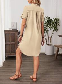 EMERY ROSE 女士休闲节日前扣牛仔连衣裙 - 卡其色 - 查看 2