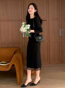 DAZY Women Elegant Contrast Mesh Mid-Length Dress,Fall Dress Long Sleeve Dress - Black - View 2