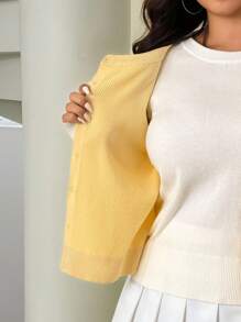 SHEIN EZwear 大码女式休闲长袖单排扣针织开衫 - 黃色 - 查看 7
