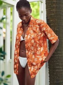 Maija Vestido de playa de manga corta con estampado de océano para mujer