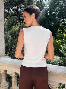 Maija All-Match Crew Neck Wide Strap Open Hollow Design Loose White Knit Tank Top For Women, Versatile Suitable For Spring, Summer, Early Autumn Browns Business Casual Pants Women Early Fall Casual Tank Top, Fall For Women,Winter For Women,Winter,Night Out,Going Out Tops Women, Night Out,Date Night,Old Money Style - White - View 8