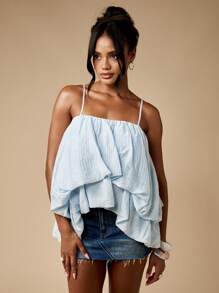 MISSGUIDED 泡泡下摆分层吊带背心夏季上衣飘逸海滩度假背心分层荷叶边假日巡航节时尚吊带背心 - 藍色 - 查看 3