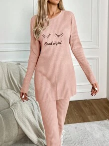 EURMUSE 女士睫毛字母刺繡長袖長褲春秋家居套裝 - 淺粉色 - 查看 3