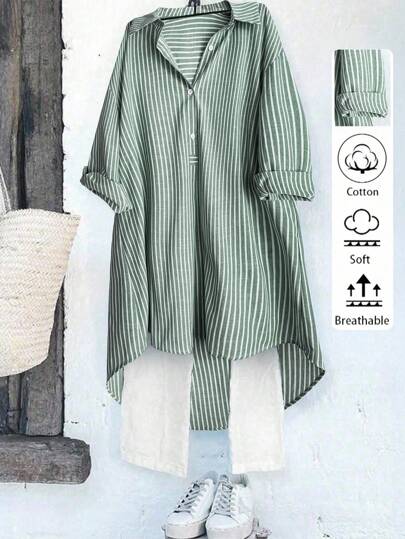 Linhara 大码女式休闲 4 季百搭法式复古风格优雅别致都市女性时尚条纹衬衫，别致经典设计，适合与外套分层搭配和百搭穿着