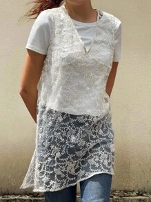 Jouncy 2pcs Set French Elegant Crochet Short Sleeve Top And Sheer Overlay Dress - Apricot - View 1