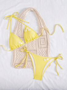 Bonvoyette Yellow Triangle Floral Trim Elegant Women Bikini Set For Summer Beach Vacation