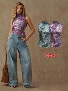 Glamine Conjunto de 2 tops de tirantes con estampado de paisley para mujer, top sin mangas corto en estética Y2K morado y verde, tops básicos de estilo bohemio chic para el verano, estilo callejero de festival, top estilo occidental - Multicolor - Ver 3