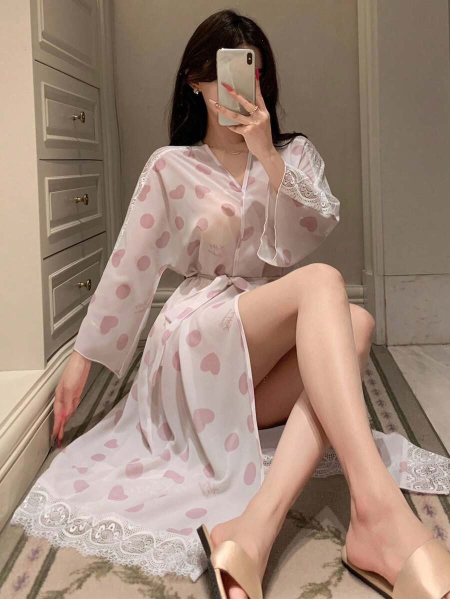 DAZY 女士心形印花薄款雪纺面料浴袍睡衣 - 粉色 - 查看 1