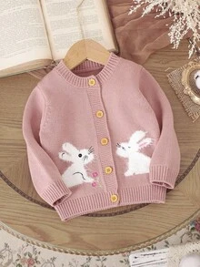 SHEIN Vintaside Kids 女婴粉色针织开衫，可爱兔子提花刺绣毛衣，可爱百搭的秋冬季开衫 - 粉色 - 查看 3