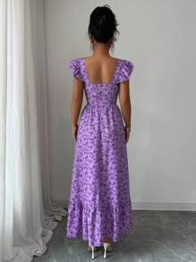 Elenzga Vestido feminino elegante com estampa floral e babados