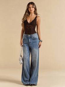 SHEIN BAE 女士黑色性感蕾丝百搭时尚单品紧身胸衣上衣性感背心，适合外出、约会之夜、主题派对和音乐会服装、新年前夜服装、圣诞派对女士紧身衣 - 咖啡棕 - 查看 3