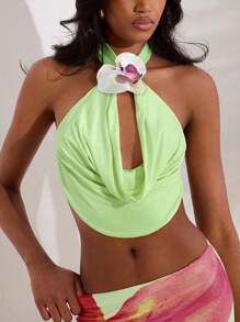 Opulessa 纯色针织露背女式上衣 - 橄欖綠 - 查看 4