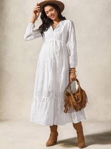 孕妇休闲纯色镂空刺绣长款度假连衣裙 - 白色 - 查看 5