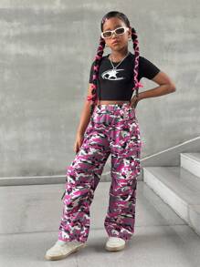 SHEIN 青少年女孩休闲街头 Y2K 迷彩印花宽松直筒宽裤