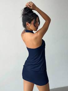 Aloruh Women's Y2K Cutting-Edge Sexy Bodycon Halter Metallic Button Decor Backless Mini Clubbing Dress - Navy Blue - View 3