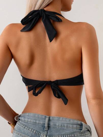 Swim Vcay 1 Stück Damen Bademode Neckholder Gebundenes einfarbiges Outfit mit Metalldekoration Badeoberteil