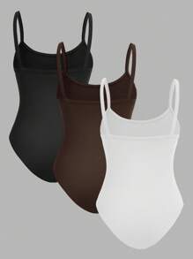 SHEIN EZwear 3 件装女式紧身衣（黑色、白色和棕色）无袖紧身衣，休闲装，夏季 - 彩色 - 查看 2