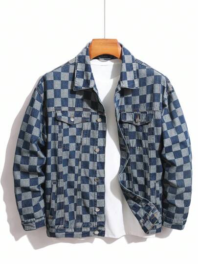 Manfinity Homme Herren Langarm karierter Freizeitjacke aus Denim mit Einzelknopfleiste, Herbst