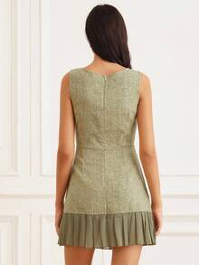 GENKIRA French Retro Elegant Slimming Square Neck Waisted Mini Dress, Pockets, Ruffle Hem, Luxury Chiffon, Women - Green - View 2