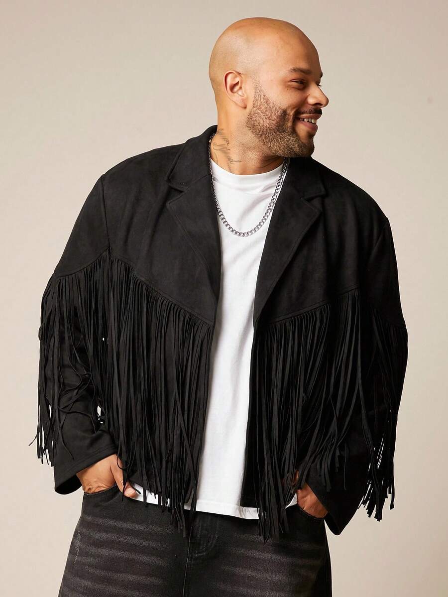 EASEVO 大码男士休闲仿麂皮绒长袖夹克，秋冬，垃圾摇滚 - 黑色 - 查看 1