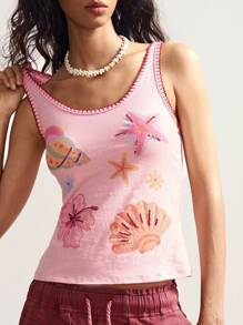 Bohemela Pink Summer BOHO Beach Holiday Women Tank Top,Tropical Floral Seashell Graphic Pattern Beaded Knit Slim Fit Sleeveless Casual Vacation Style Tee - Pink - View 6