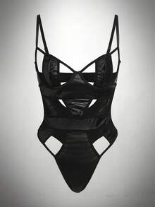 SHEIN 黑色PU皮革女士连体内衣，采用哥特风吊带设计和无袖细肩带设计，完美打造大胆性感造型。适合狂欢派对和外出