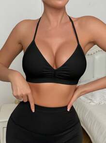 EasyFave 1pc Women's Seamless Lightly Lined Underwire-Free Minimizer Bra, Halter Style Sexy Back Design Black Bra Push Up Bikini Inserts Push Up Tops With Built In Bra Chest Cushion Bra Inserts Push Up Bra Inserts Bra With Inserts - Black - View 4