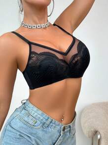 SHEIN 女士蕾丝拼接钢圈文胸 - 黑色 - 查看 5