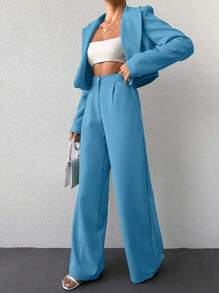 SHEIN Cottnline Women Solid Color Blazer And Pants Suit - Baby Blue - View 1