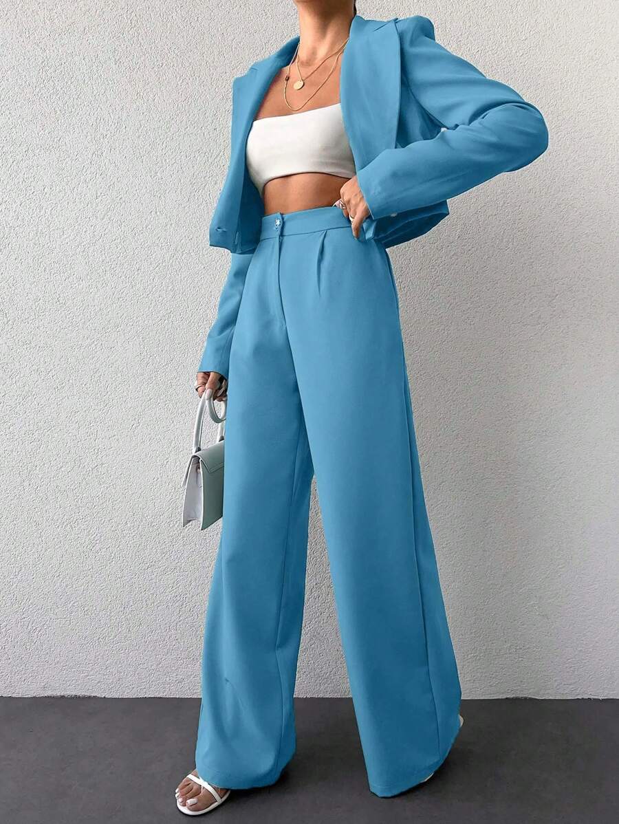 SHEIN Cottnline Women Solid Color Blazer And Pants Suit - Baby Blue - View 1